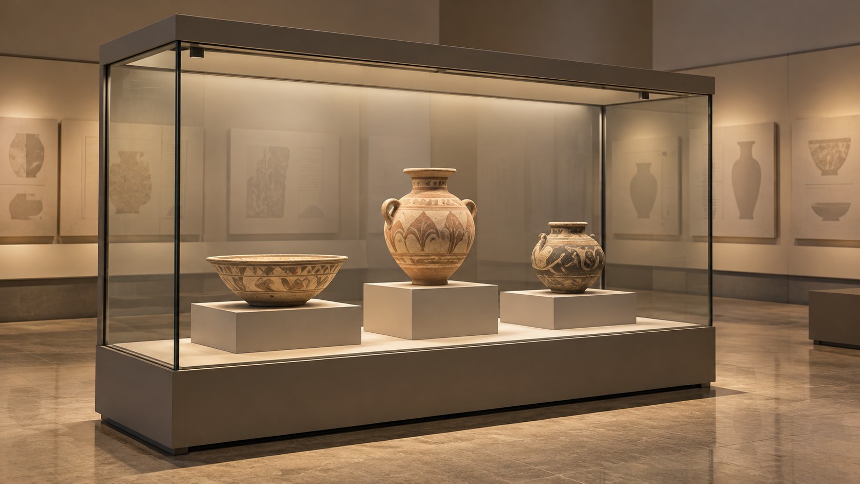 博物馆玻璃展柜内隐藏灯位与展品照明示意