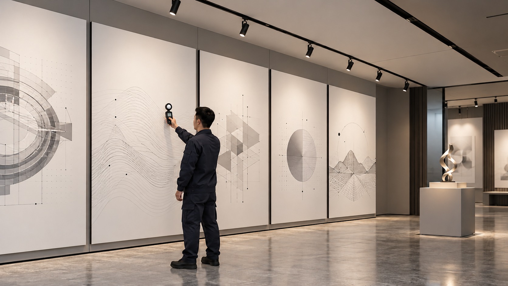 展厅现场使用照度计检查展板与灯光调试示意